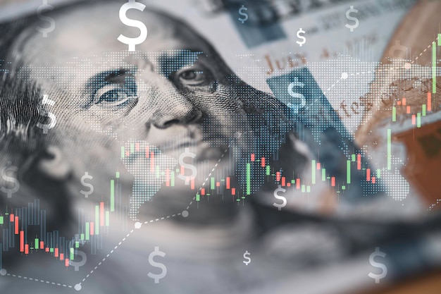 Photo closeup benjamin franklin face on usd banknote with stock market chart graph for currency exchange and global trade forex concept.