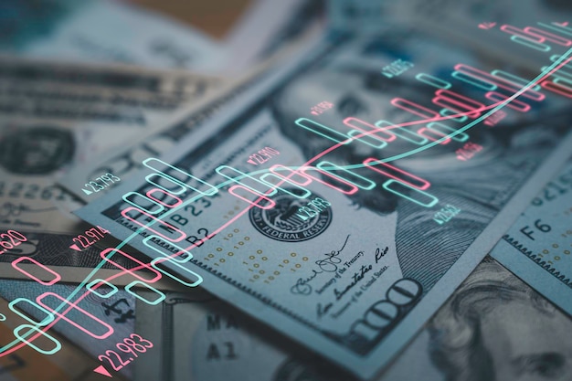 Closeup Benjamin Franklin face on USD banknote with stock market chart graph for currency exchange and global trade forex concept