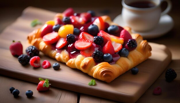 A closeup of a berry croissant pastry on a wooden table