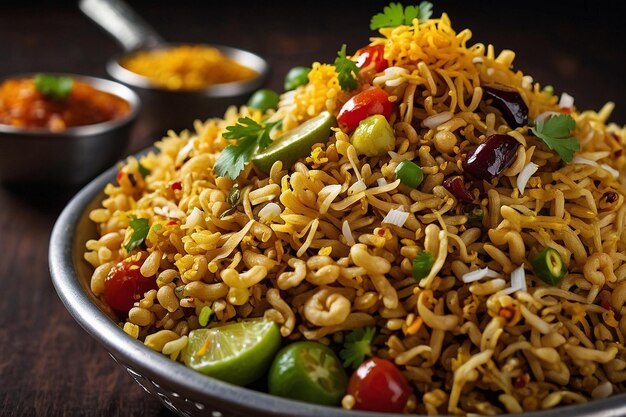 Photo closeup of bhel puri with sev and chutneys