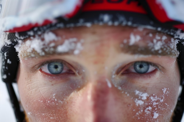 Foto close-up di biatleti con determinazione e berretto da sci