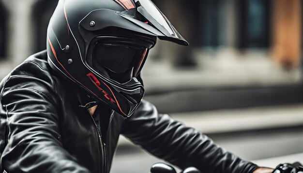 モーターサイクルのバイカーのクローズアップバイクのバイカーがヘルメットをかぶっている
