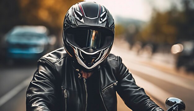 Foto primo piano di un motociclista su una motocicletta che guida una bicicletta con il casco