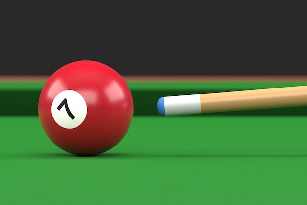 ビリヤード テーブル スヌーカー上のビリヤード ボール番号 7 の茶色の色のクローズ アップは、手球を目指します 3D