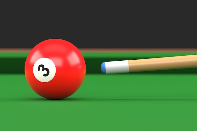 Closeup of billiard ball number three red color on billiard table 3D render illustration