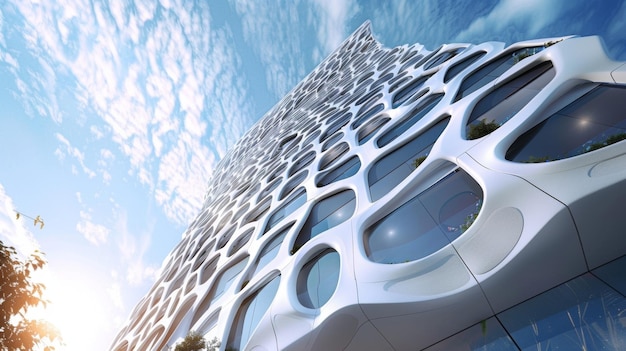 Closeup of a bioinspired facade designed with strategically p shading elements and natural