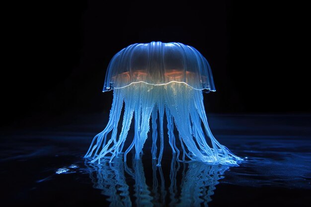 Closeup of a bioluminescent jellyfish glowing in the dark depths created with generative ai