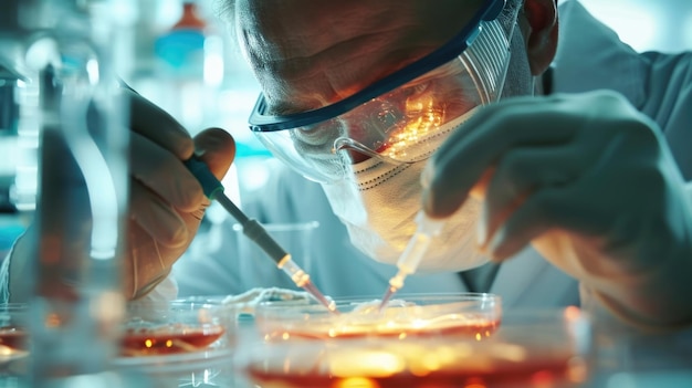 Closeup of a biotech engineer wearing a face mask and goggles injecting a solution into a petri dish