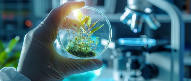 Photo closeup of a biotechnologists hand holding a petri dish with a new glowing plant species lab equipment backdrop