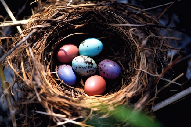 A Closeup of a Bird39s Nest Filled with Blue and Brown Eggs