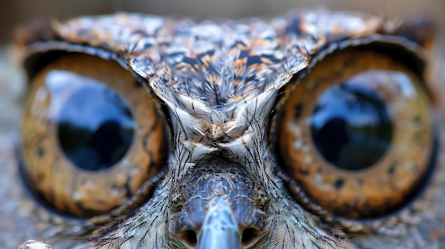 鳥の顔のクローズアップ 鳥には大きな丸い目と長い尖ったくちばしがあり 羽は茶色と白です