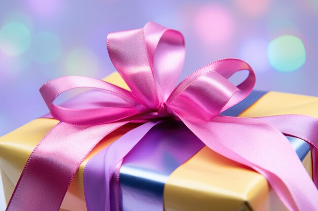 A closeup of a birthday ribbon bow on a wrapped gift