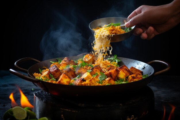 Foto closeup of biryani being cooked in a traditional handi over an open flame