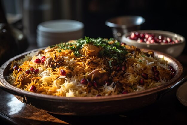 Foto closeup di biryani dish generative ai