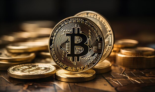 Closeup of Bitcoin coins are neatly stacked on a table Gold bitcoins with graph chart background