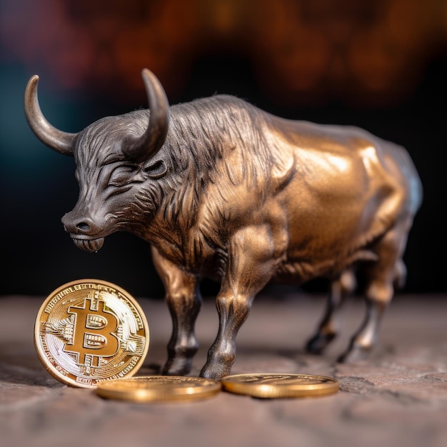 Closeup of a Bitcoin with a Bull