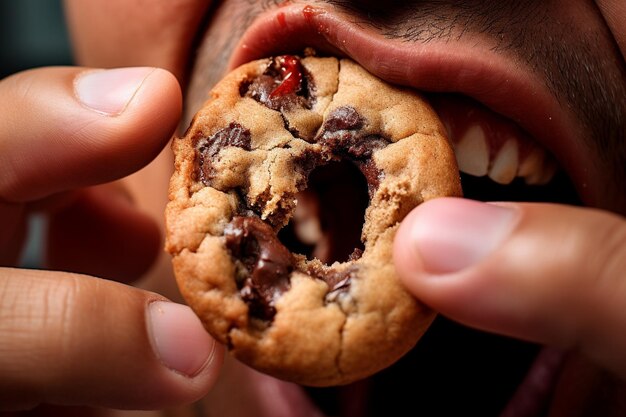 Photo closeup of a bite being taken from a cookie