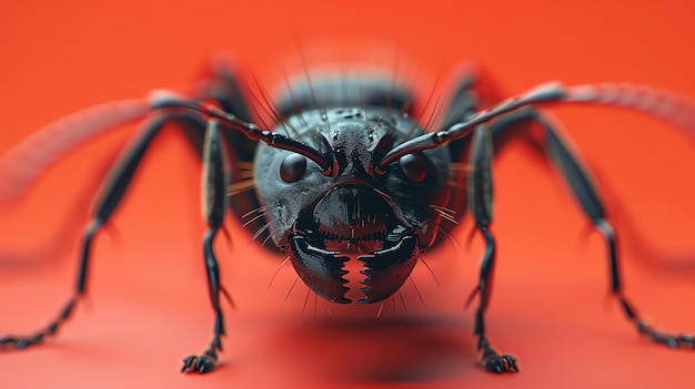 Photo a closeup of a black ant on a red background the ant is facing the viewer with its mandibles open the ants body is covered in tiny hairs