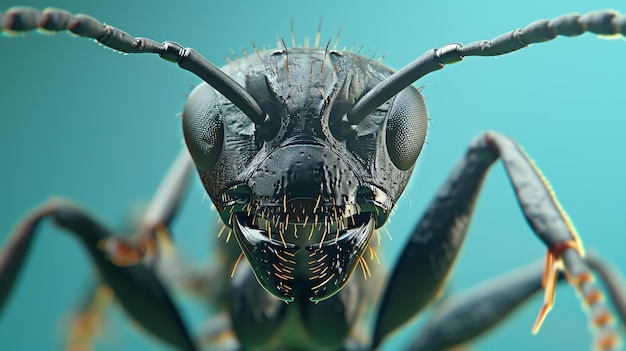 Photo a closeup of a black ants head the ant is facing the viewer with its antennae raised the ants head is covered in small hairs