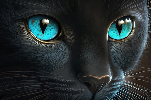 파란 눈을 가진 검은 고양이의 근접 촬영