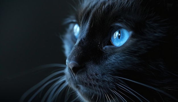 Closeup of a black cat with striking blue eyes in a dark moody setting