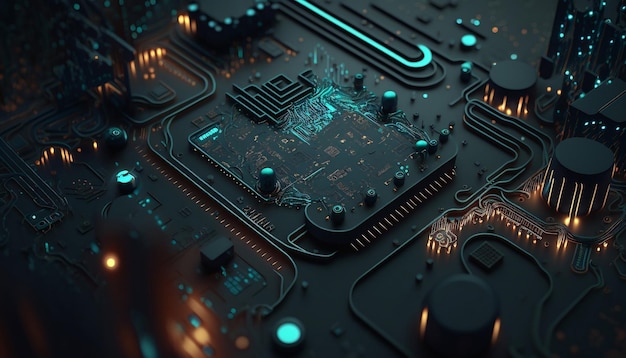 Closeup of black circuit board a computer with neon lights Generated AI