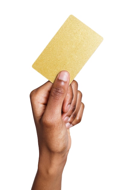 Closeup of black female hand holding plastic credit card , woman showing blank business card on white isolated studio background, copy space, cutout