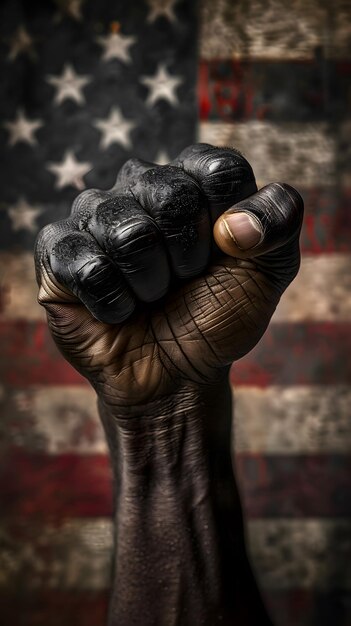 Photo closeup of a black fist in front of an american flag