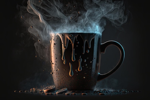 Closeup of black iron mug with steam rising from hot beverage