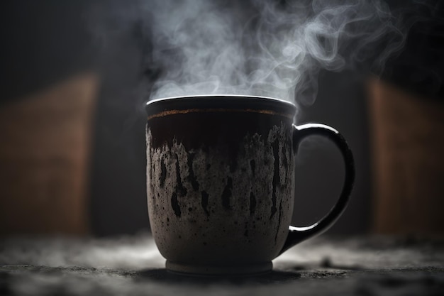 Closeup of black iron mug with steam rising from hot beverage