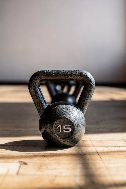 Closeup black kettlebells in a row