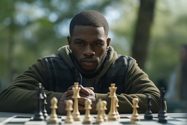 Closeup of a black man playing chess in a park Generative ai