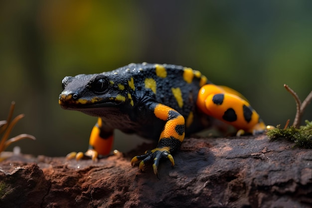 Closeup of a black and orange frog sitting on a stone in the forest