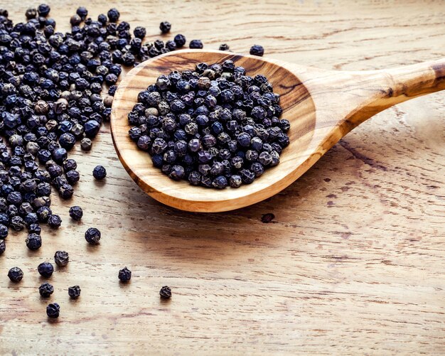 Closeup black pepper in wooden spoon 