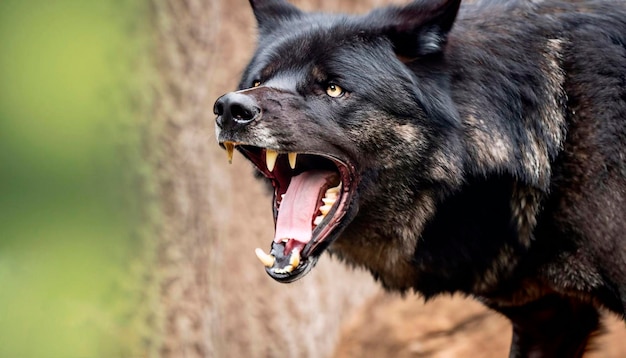 Closeup of a black roaring wolf with a huge mouth and teeth with a blurry background