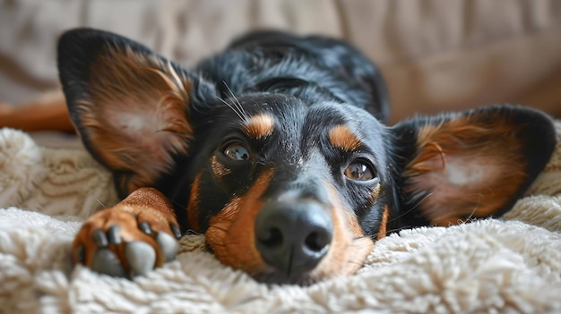 白い毛布の上に頭を置いた黒と茶色の犬のクローズアップ犬は目を開けてカメラを見ている