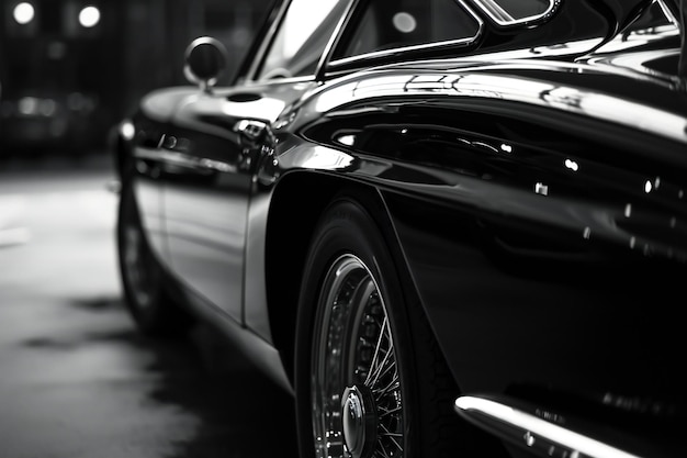 Photo closeup of a black vintage car in the parking lot