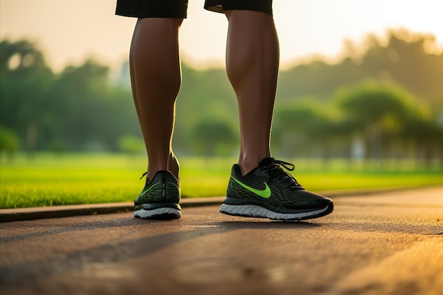 Closeup of Black Water Bottle and Blurred Man Tying Shoes Before Public Park Track Race Healthy