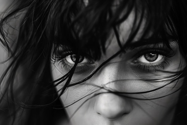 Photo closeup black and white photo capturing a womans expressive eyes peering through her messy hair