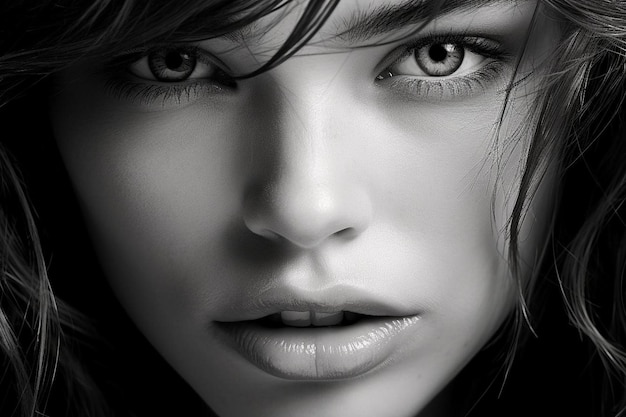 Closeup black and white portrait of a woman