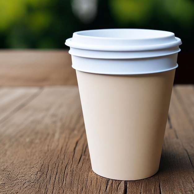 Closeup of blank craft paper coffee cup on the wood table Horizontal mockup blurred background