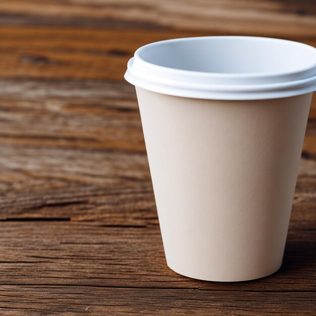 Closeup of blank craft paper coffee cup on the wood table Horizontal mockup blurred background