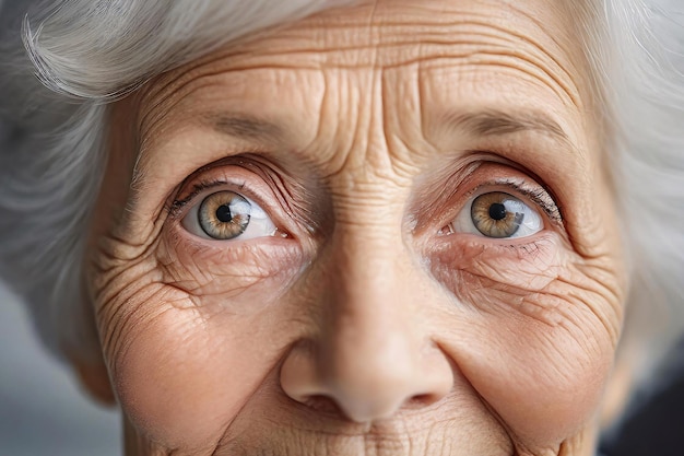 Photo closeup of blonde elderly woman eyes with wrinkles