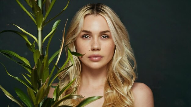 Closeup blonde model behind a plant with copyspace