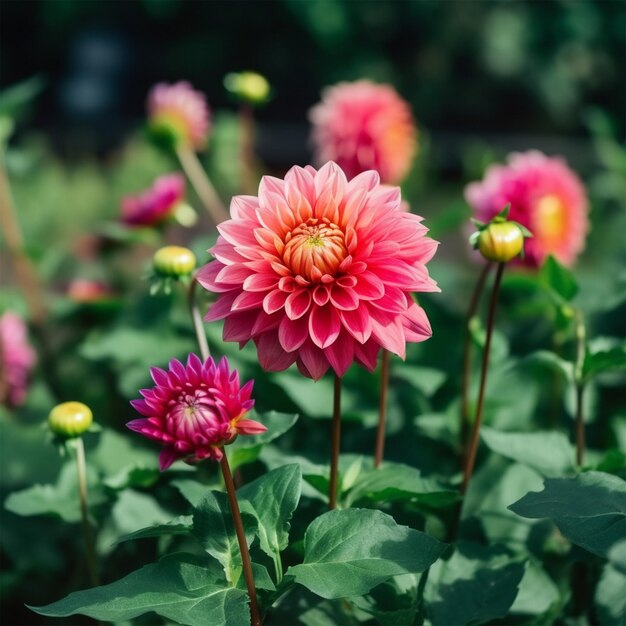 緑の中に咲くダリアの花のクローズ アップ