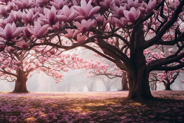 A closeup of blooming magnolia flowers