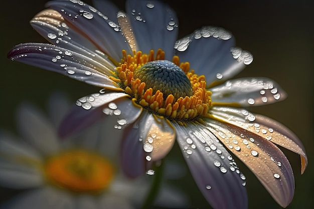 Closeup of blooming meadow flower with dew still on the petals