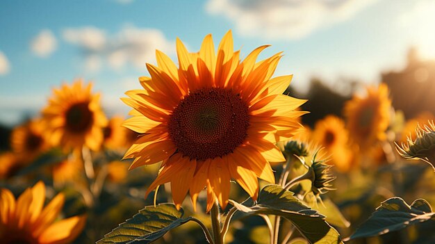 Крупный план цветущего подсолнечника с эффектом солнечного света на стороне цветка