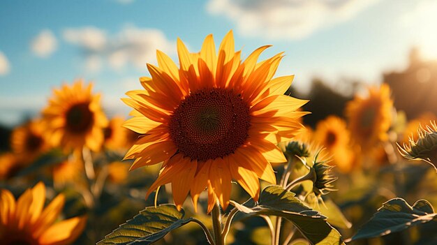 closeup of blossom sunflower with sunlight effect on side of flower