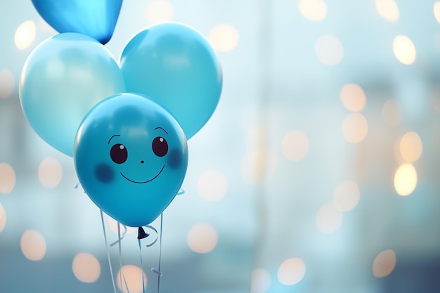 closeup blue balloon with smile face on soft blue bokeh background with copy space